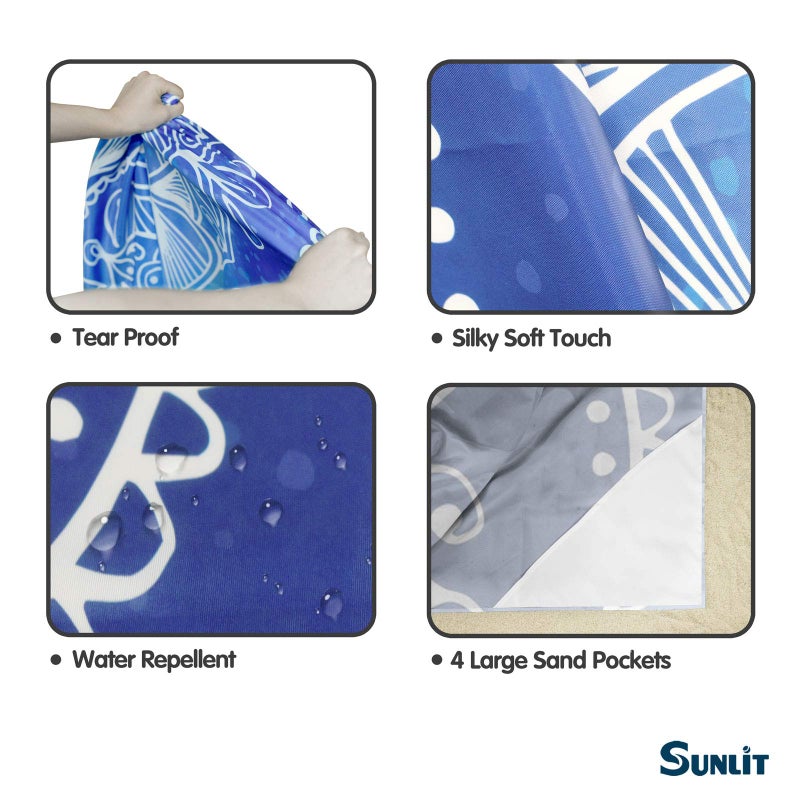 Sunlit Silky Soft 106"x81" Boho Sand Proof Beach Blanket Sand Proof Mat with Corner Pockets and Mesh Bag for Beach Party, Travel, Camping and Outdoor Music Festival, Blue and Pink Mandala - Image 5